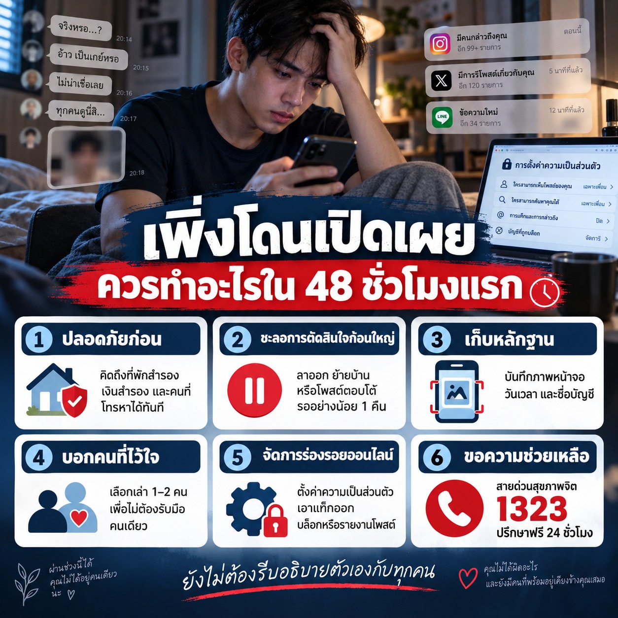 ภาพชายหนุ่มนั่งเครียดอยู่ในห้องขณะดูโทรศัพท์ พร้อมอินโฟกราฟิกสรุปสิ่งที่ควรทำใน 48 ชั่วโมงแรกหลังถูกเปิดเผยตัวตน เช่น ดูความปลอดภัย เก็บหลักฐาน บอกคนที่ไว้ใจ จัดการความเป็นส่วนตัวออนไลน์ และขอความช่วยเหลือผ่านสายด่วน 1323