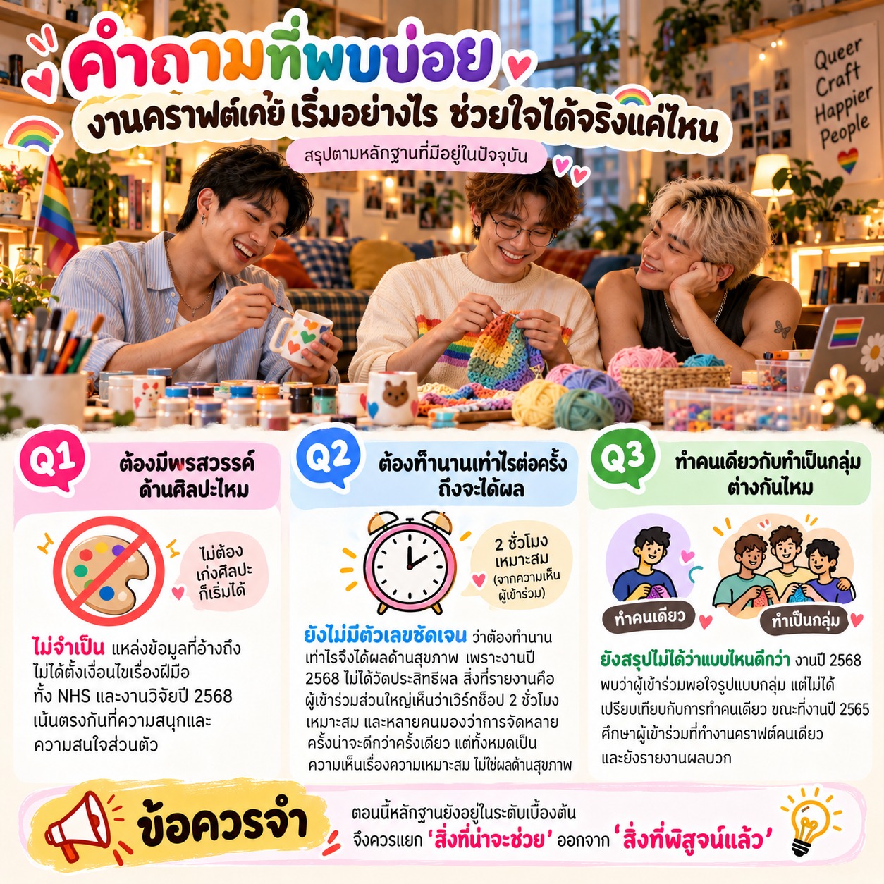 ภาพคำถามที่พบบ่อยเกี่ยวกับงานคราฟต์ เช่น ต้องมีพรสวรรค์ไหม ควรทำนานแค่ไหน และทำคนเดียวต่างจากทำเป็นกลุ่มหรือไม่