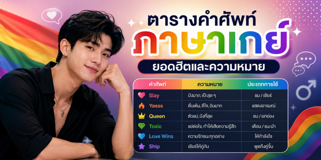 ตารางคำศัพท์ภาษาเกย์ยอดฮิตและความหมาย